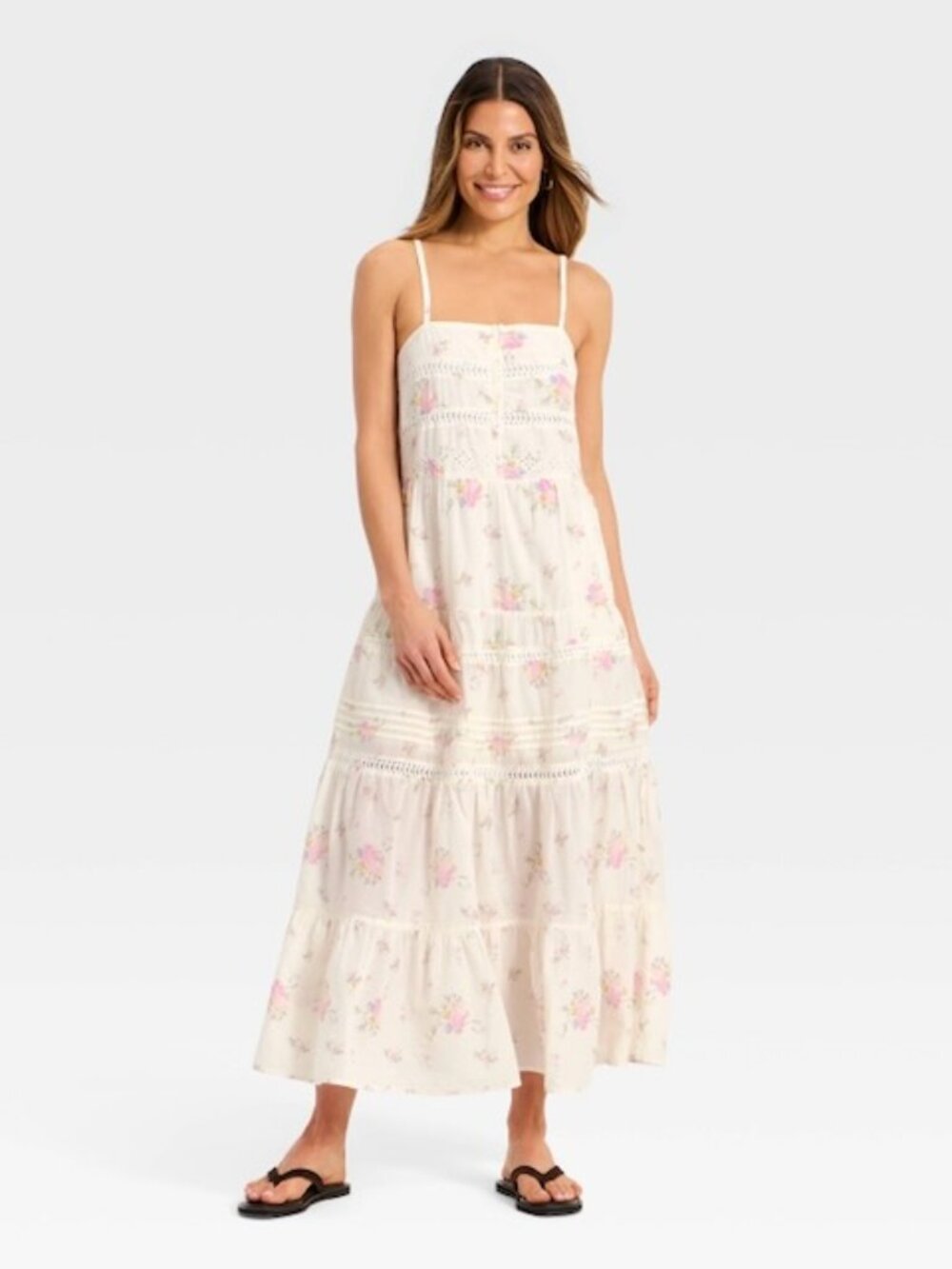 Womens Cottage Floral Maxi Dress Size M Garden Party Ethereal Fairy Tiered Lace